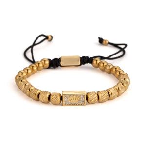 Men's retro gold titanium steel crown bracelet with micro-pave zirconia and woven cord