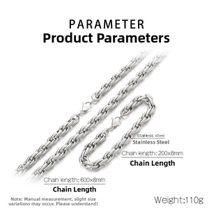 Detailed size parameters of the 8mm stainless steel cuban chain necklace and bracelet set