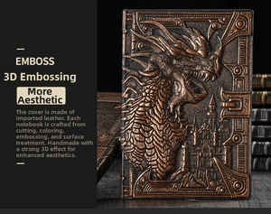 Close-up of handmade 3D dragon embossed cover with antique bronze leather texture