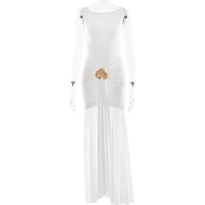 White ruched maxi dress detail with golden waist buckle and flowing slit hem