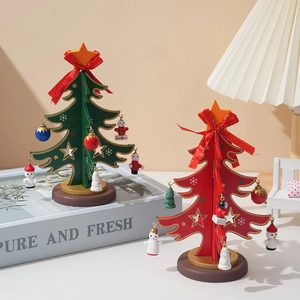 Miniature Wooden Christmas Tree DIY Desktop Ornament Hand Painted With Small Pendants Festive Home Holiday Decor