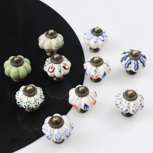Vintage pumpkin ceramic knobs with various floral patterns for cabinets and drawers