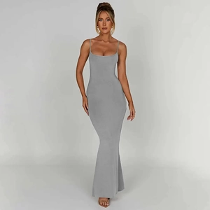 Slim fit backless gray maxi dress with adjustable straps and professional tailoring