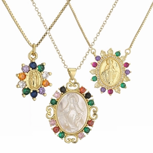 Virgin Mary Pendant Necklace Copper Zirconia Religious Jewelry For Women Men Gold Plated Mother Of Artificial Pearl Oval Sunflower Charm Box Chain