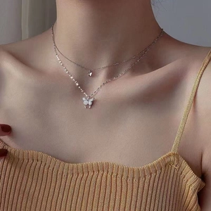 Double-layered butterfly pendant necklace with sparkling zircon pavé for women