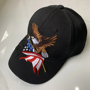 Close-up of eagle and flag embroidery on a black cotton twill baseball cap detail