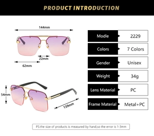Detailed size chart of rimless gradient sunglasses with metal frame and PC lens dimensions