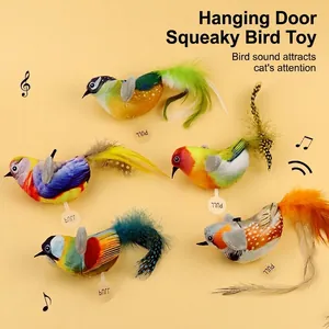 Interactive Cat Toys Chirping Simulated Bird Plush Feather Hanging Elastic Rope Electronic Automatic Sound Kitten Play