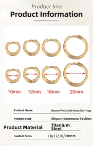 Size chart for titanium steel hoop earrings showing 10mm to 20mm diameters with gold finish