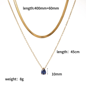 Double-layered golden necklace set featuring flat snake chain and blue pear zircon pendant