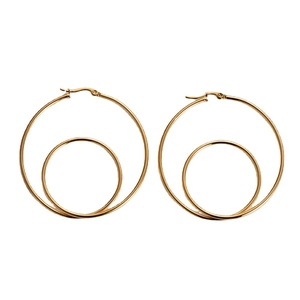 Minimalist double hoop earrings with a polished golden finish and geometric design