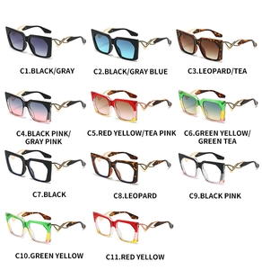 Detailed grid of oversized cat-eye sunglasses with unique hollow curved metal temples