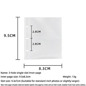 Detailed size guide for 3-ring binder refills with 9.5x8.3cm transparent photo pockets