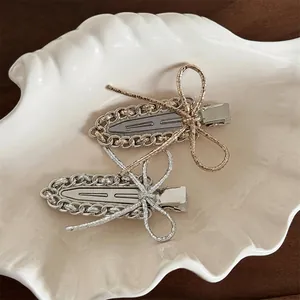 Metal Bowknot Hair Clips Alloy Rhinestone Duckbill Side Fringe Clips Traceless Minimalist Sweet Hair Accessories For Women
