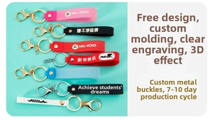 Detailed view of colorful PVC silicone keychains with various metallic clasps and custom logos