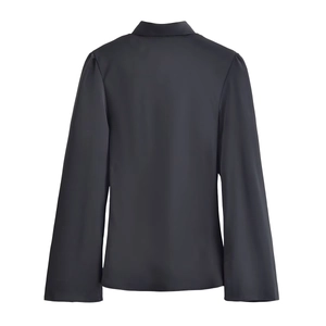 Classic black long sleeve blouse for women with stand collar and loose cuffs, back view