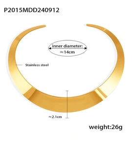 Detailed view of golden stainless steel collar necklace with size and weight specs