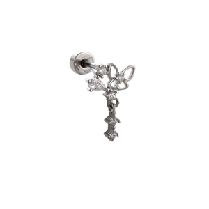 Silver titanium steel butterfly stud earring with sparkling crystal droplet chains