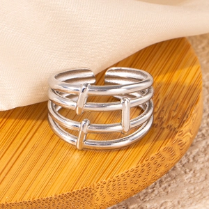 Minimalist multi-layer hollow silver titanium steel open ring with a geometric design