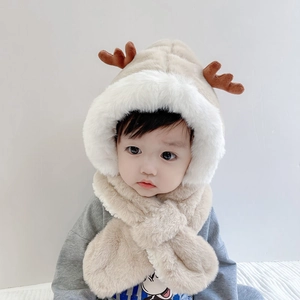 Kids Plush Hooded Scarf Hat Reindeer Antlers Ear Protection Thickened Warm Winter For Boys Girls Baby