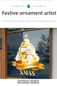 Close-up of gold and white ball Christmas tree window sticker with Merry Christmas text
