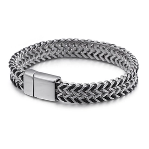 Mens silver stainless steel braided Franco chain bracelet with rectangular magnetic clasp
