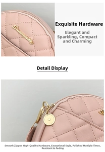 Close-up of pink quilted PU leather bag with golden logo and durable metal zipper detail