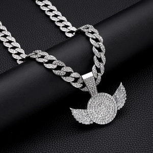 Hip hop wing pendant necklace with clear crystals and silver-tone Cuban chain link