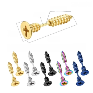 Detailed view of industrial screw earrings in five colors made of 304 stainless steel