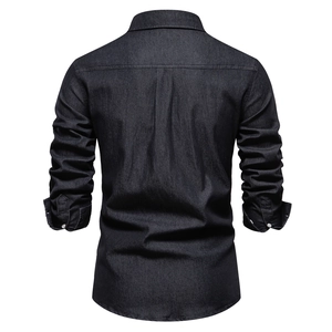 Rear view of long sleeve denim shirt for men in black showing fabric texture and fit