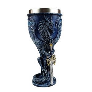 Fantasy dragon and sword wine goblet with blue resin base and stainless steel liner