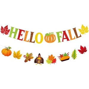 Striscione Hello Fall per il Giorno del Ringraziamento Set in Carta Luccicante Foglia d'Acero Zucca Tacchino per Decorazione Festa