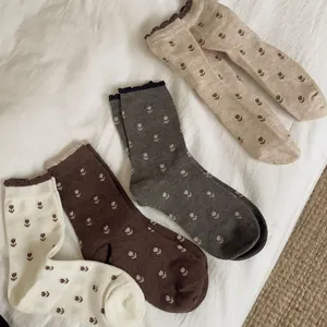 Chaussettes Mi-Mollet Femme Coton Peigné Imprimé Floral Tulipe À Pois Bordure À Volants Vintage Style Japonais Respirant