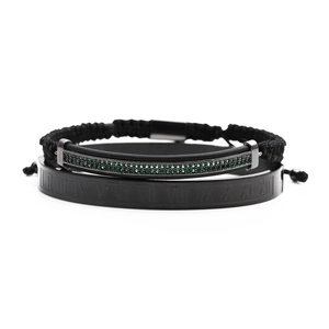 Men's titanium steel Roman numeral bracelet and green zircon braided bracelet set