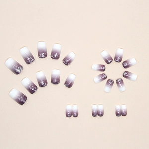 Medium square purple gradient press-on nails with silver glitter finish for women