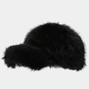 Close-up of thick black faux fox fur baseball cap showing soft texture and warm winter material