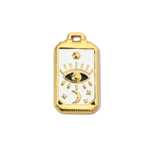 Detailed tarot-style gold pendant featuring eye, sun, and moon symbols in white enamel