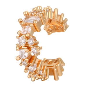 Macro shot of gold ear cuff with mixed geometric rectangle and round zircon stones