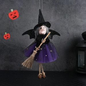 Halloween witch hanging decoration with purple tulle skirt, gold stars and wooden broom