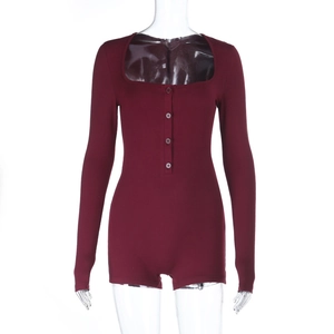 Close-up of square neck detail and button placket on burgundy long sleeve knit bodysuit