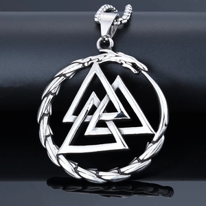 Viking Valknut dragon pendant in stainless steel with a silver finish on a black display