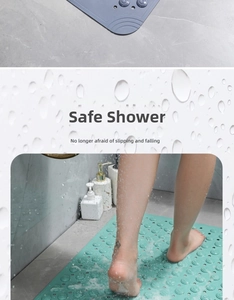 Detail of non-slip bathroom mat showing drainage holes and suction cup base design