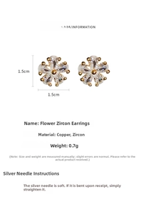 Détail des boucles d'oreilles fleur en zircon de 1,5cm avec spécifications et dimensions