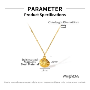 Detailed view of gold shell pendant with exact measurements in stainless steel