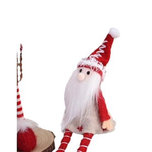 Standing Christmas plush gnome ornament with red white striped hat and long legs