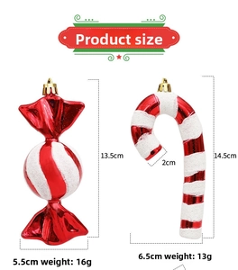 Detail showing candy and cane Christmas ornaments with sizes of 13.5cm and 14.5cm