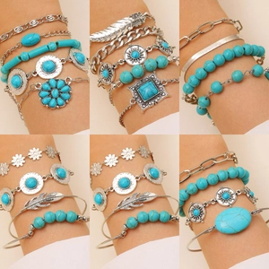 Bohemian Retro Turquoise Bracelet Bangle Multilayer Alloy Ethnic Geometric Leaf Feather Cross Sunflower Fashion Women Jewelry