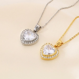 Heart Pendant Necklace 18K Gold Plated Stainless Steel Large Cubic Zirconia Rhinestone Elegant Jewelry For Women Gift