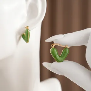 Heart Hoop Earrings Vintage Enamel V Shape Copper Jewelry With Silver Earring Post Elegant Retro Style For Women