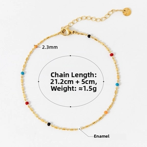 Detail of colorful beads on a gold-plated stainless steel anklet with lobster clasp